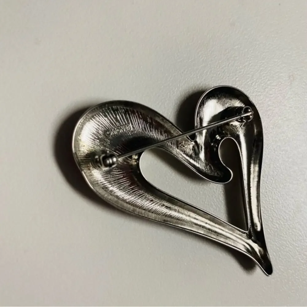 Monet Vintage Signed Silvertone Heart Brooch Pin 2.5” 70s